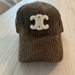 Celine Brown Corduroy Hat with Cream Logo
